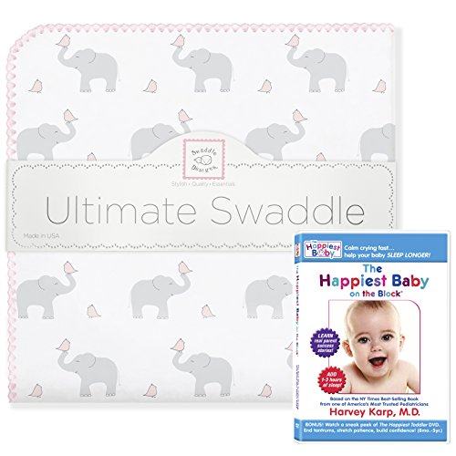Swaddledesigns Ultimate Winter Swaddle, X-large примано ќебе + најсреќниот бебе ДВД пакет, слон и розови пилиња