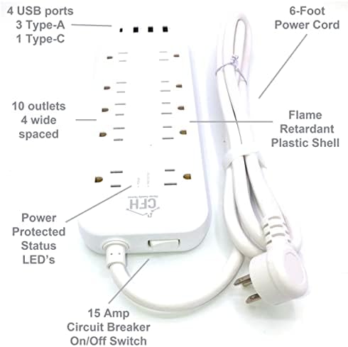 Тешка 3000-јула 10-аутлет 4-USB безбедносен заштитник на ленти со кабел за електрична енергија и кабел за полнење на излез и кабли