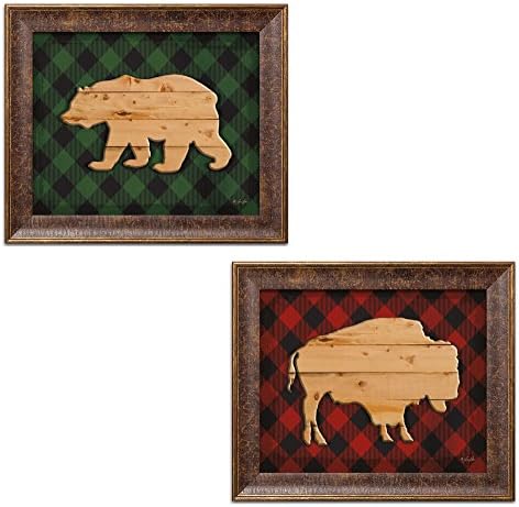 Gango Home Decor Decor Lodge Wood and Claid Buffalo & Wood and Claid Bear By Lauren Rader; ДВЕ 16x12IN злато трим врамени отпечатоци