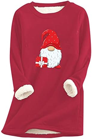 Womenените руно термички пуловер Божиќ топол долг ракав пулвер врвови на снежен човек печати тркалезна врата руно наредена блуза