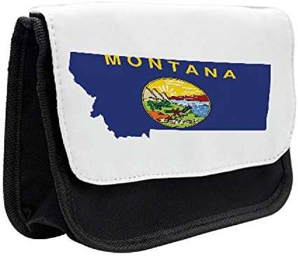 Необичен случај со молив во Монтана, мапа и знаме на државно богатство, торба со молив со ткаенини со двоен патент, 8,5 x 5,5, кобалт сина и повеќебојна