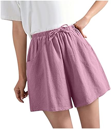 Lcepcy Baggy Linen Shorts за жени кои влечат еластични високи половини летни салон шорцеви широки нозе обични шорцеви со џебови