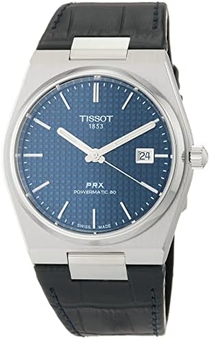 Tissot Mens Prx Powermatic 80 316L автоматски часовник од не'рѓосувачки челик, сина, кожа, 12