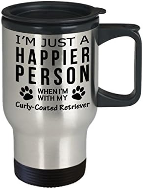 Куче Љубовник Патување Кафе Кригла-Посреќна Личност Со Кадрава Обложени Ретривер-Миленичиња Сопственик Спасување Подароци