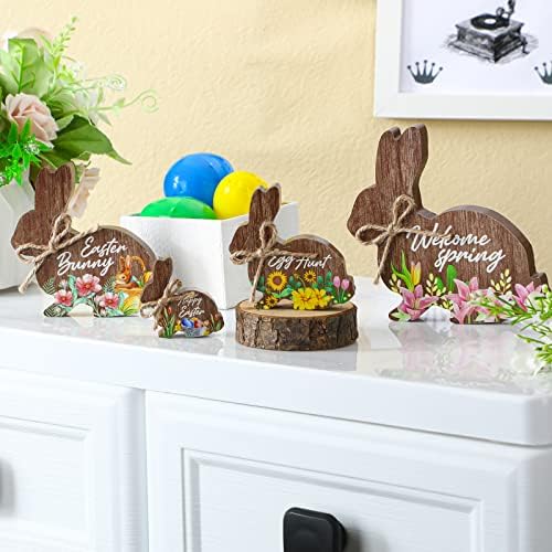 Weysat 4 парчиња Велигденски зајаче дрво декор Велигденска лента за украси Постави маса на табела Врв декор Велигденско зајаче декор со лак