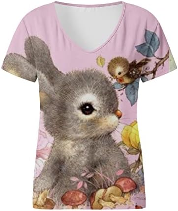 Womenените летни врвови 2023 Велигденска маица симпатична зајаче Краток ракав Туника V вратот лабави кошули Обични маички со