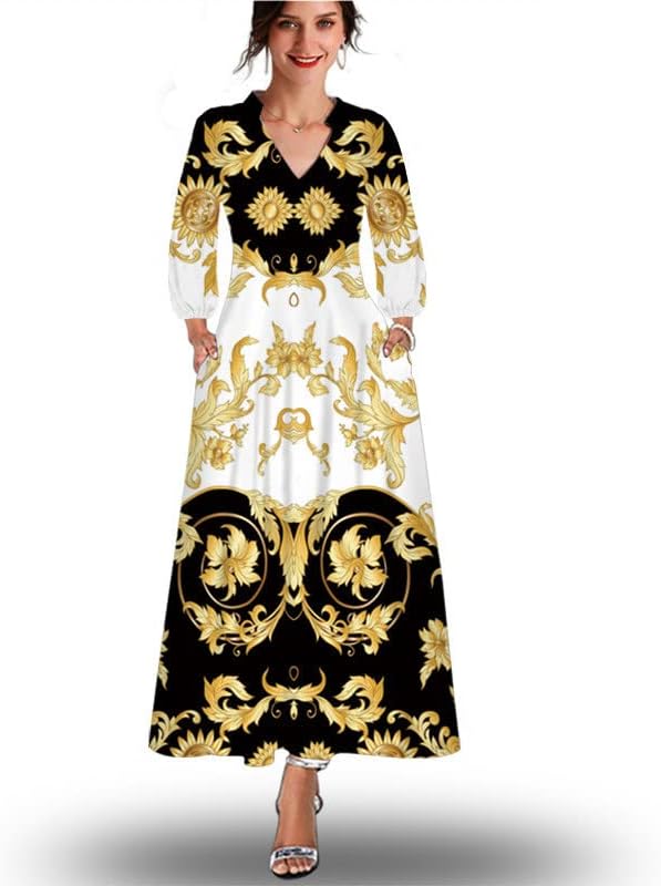 Плус големина маица фустани за жени 2022 Долг ракав макси фустан против вратот гроздобер цветни печатени плажа санки со џеб