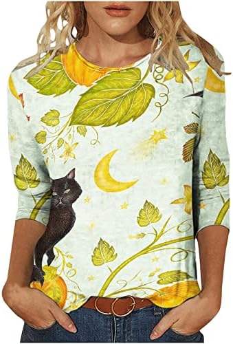 Ноќта на вештерките 3/4 кошула за ракав за жени обичен печатен пулвер врвен трендовски мачка тиква графичка екипаж на блуза со блуза
