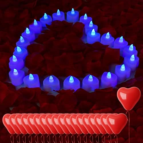 Ливчиња од роза за романтична ноќ за него сет, 24 пакети предводени светилки за чајни светла, лажни ливчиња од роза од 2000 парчиња, балони во форма на црвено срце 24 пар?