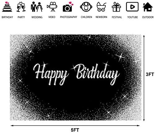 Среќен Роденден Позадина Сјај Сребрени Точки И Црна Фотографија Позадина 5х3фт Роденден Декорации Банер За Било Која Возраст