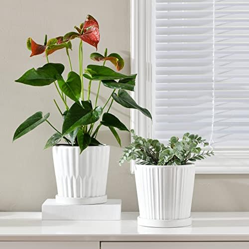 Тон садови за растенија за грев, бели садови со цвеќиња од 6 инчи за растенија, керамички засадувач со дренажни дупки, садови за пластери