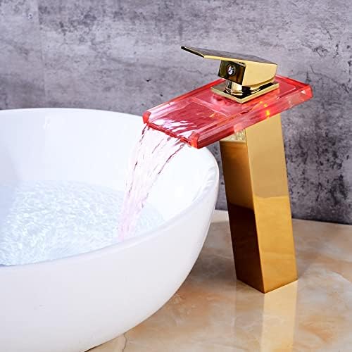 Басен басен за бања, злато завршено миксер за мијалник од месинг, лесен водопад, тапа со една рачка со вода, чешми за вода