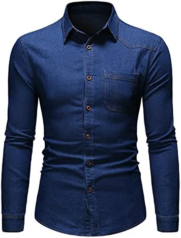 Mens Classic Редовно вклопување тексас кошула-џебови за блокирање на џебови, карирани копчиња, измиена тексас машка кошула со долги ракави