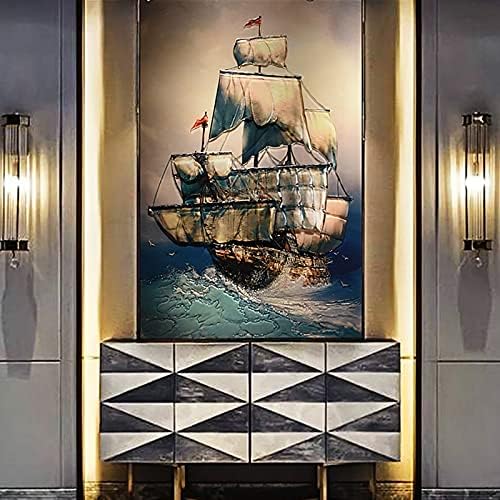 МКМКЛ 3Д тродимензионално декоративно сликарство, стакло wallидно сликарство со шема на брод во златна алуминиумска рамка, светло