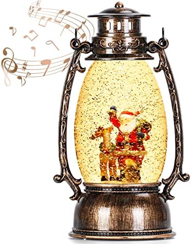 Божиќен снежен глобус фенер, музички снежни глобуси со Дедо Мраз и елени, сјајниот осветлен Божиќен фенер за украси за Божиќни