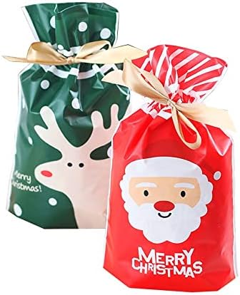 ДКАОВ 50 Еез Божиќна Торба За Бонбони Бонбони Добрите Пластични Торби За Подароци Со Врвки Среќен Божиќ Торби За Уживање За Роденденска Забава