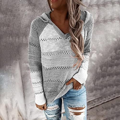 Oplxuo женски долг ракав плетен џемпер v-врат-вратен качулка случајна лесна светлина шуплива џемпери за влечење на пулвер, џемпер