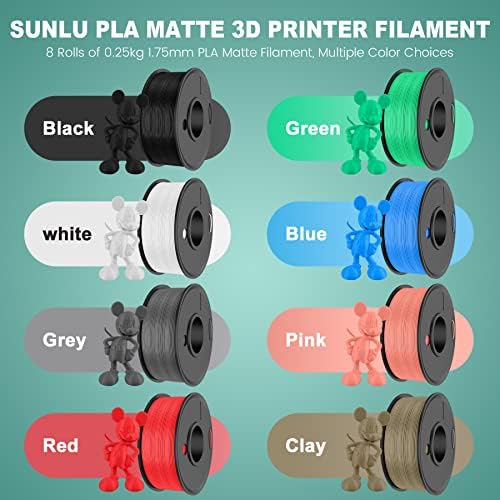 Sunlu 250g PLA Meta и Pla Matte Filament 1.75mm пакет, 3D печатач за филаменти со повеќе разнобојни, измет од 0,25 кг, 8 ролни ， црна+бела+сива+сина+зелена+црвена+розова+жолта