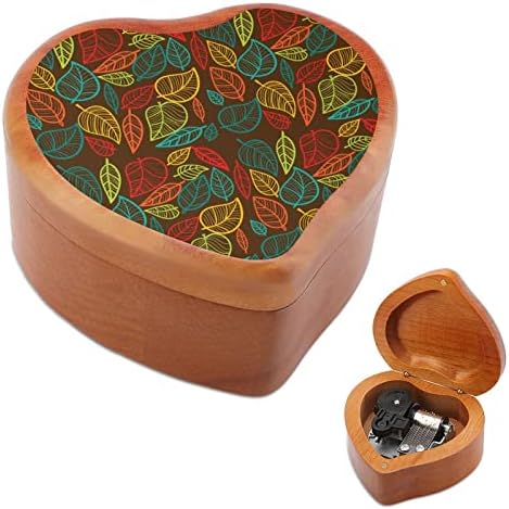 Шарени есенски остава дрвена музичка кутија ветровито во форма на срце во форма на печатени музички кутии за роденден на годишнината од в
