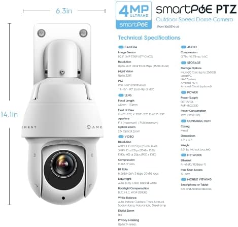 AMCREST 4MP на отворено PTZ POE + AI IP камера тава за навалување Зоум Брзина на безбедност купола, луѓе и откривање на возила АИ, откривање на