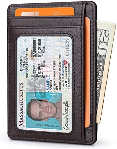 Buffway тенок паричник за мажи или жени минималистички мали кожни предни џебни паричници со блокирање на РФИД и кутија за подароци - чоколадо Баса