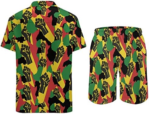 Weedkeycat африканска моќност машка облека за плажа 2 парчиња Хавајско копче надолу со кошула Краток ракав и шорцеви