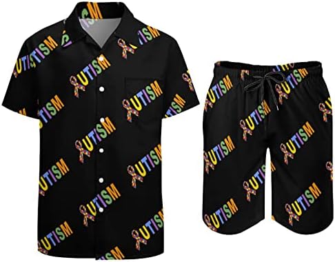Weedkeycat аутизам машка облека за плажа 2 парчиња Хавајско копче надолу со кошула Краток ракав и шорцеви