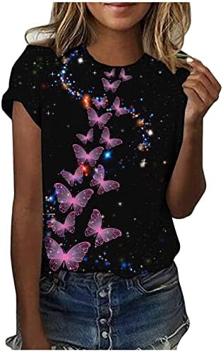 Летни врвови за жени шарена печатена маица со тркалезни кратки ракави блузи 2023 модни кошули