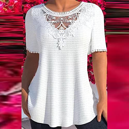 Женски плус големина врвови бохо кратки ракави чипка против маица со вратот лето облечена лабава туника маици обични цврсти трендовски кошули