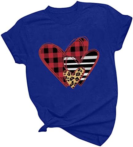 Карирана Љубов Срце Графички Маици Блузи За Жени Симпатична Буква Печатење Денот На Вљубените Краток Ракав Кошула Повик Екипажот