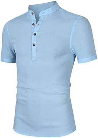 Машка летна кошула врвови со цврста боја копче Стилички кратки ракави за штанд со јаки од јака, случајни тенок фит блузи
