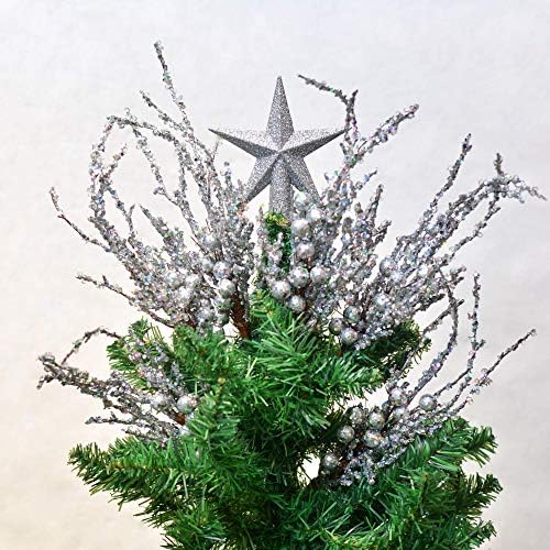 Валери Маделин 6 парчиња сребрени сјај Божиќни избори со вештачки бобинки и замрзнати лисја за новогодишна елка, 35 мин. 70мм