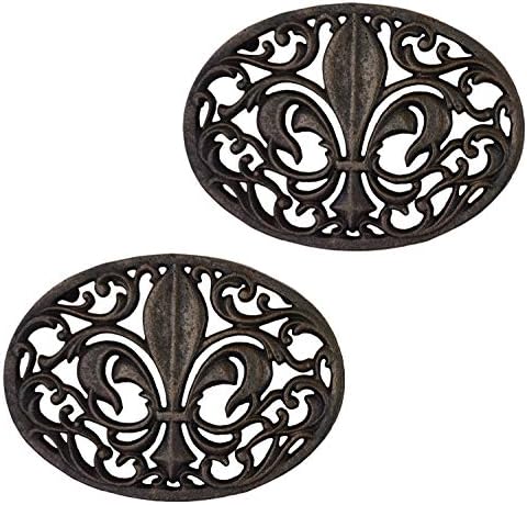 Лулу декор, леано железо овален флур де лис тривт, сет од 2, прекрасен сложена дизајн во античка кафеава завршница