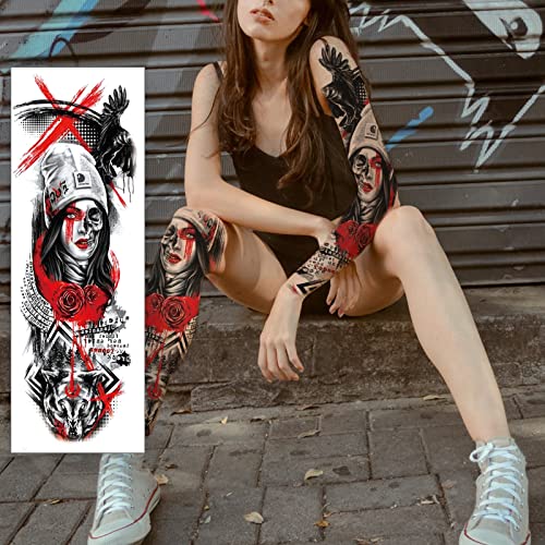Привремена тетоважа, волк и жена секси 3Д лажни налепници за тетоважи Екстра голема водоотпорна тетоважа, целосна рака реални тетоважи
