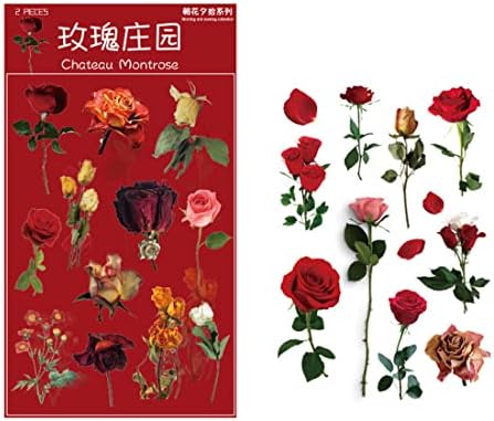 2 листови црвени рози цвеќиња зелени лисја винил налепници транспарентни водоотпорни естетски пластични декорации за занаети за книги