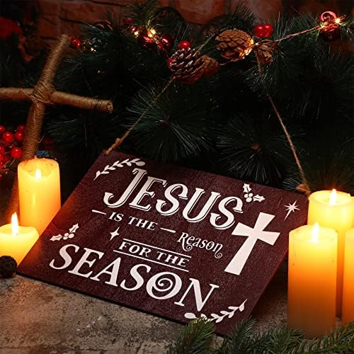 Божиќен знак Исус Вуд знак Исус е причина за сезоната што виси знак Фармхаус Рождество на отворено декорација крос -сцена wallид декор
