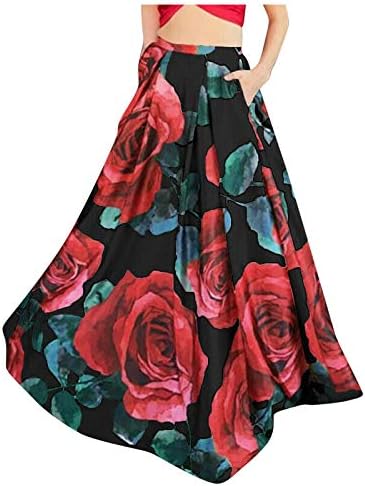 Фустани за жени за жени 2023 Боемски цветни печати со високо половината џеб макси здолниште за забави плажа долго здолниште Елегантен обвивка