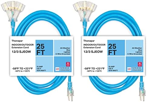 Thonapa 2 пакет 25 ft Сите кабел за продолжување на времето со 3 продажни места - флексибилен во екстремно време, 58F до +221f