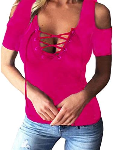 Angенски женски секси секси надвор од рамото чипка на кратки ракави маица V вратот на предната маица со маици со предна маица