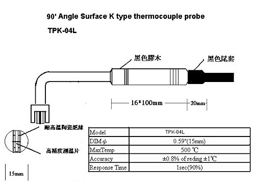 TECPEL TPK-04L Сонда За Површински Термоспој Со Прав Агол, Тип К, -58°F ~932°F / -50°C ~ 500°C