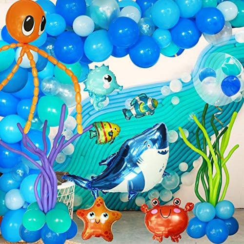 160 парчиња океански животни роденденска забава Декорација на сино море балони гарланд комплет со меур од ајкула риба кловнфикампус рак starвездена