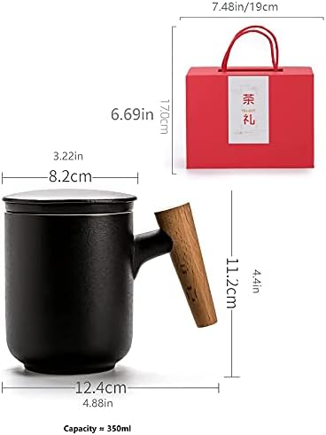 Керамички чај чаша со инфузер и капак, чаша чај од Кина, за држење чај од лабава лисја дрвена рачка 350ml/12oz, црна, GJ-467