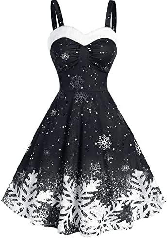 Божиќ Партија Фустан За Жени Снегулка Печатење Шпагети Ремен Надвор Рамо Висок Половината А-Линија Мини Фустани