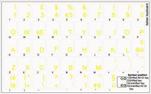 4Keyboard италијански налепници на тастатура со жолти букви на транспарентна позадина за работна површина, лаптоп и тетратка