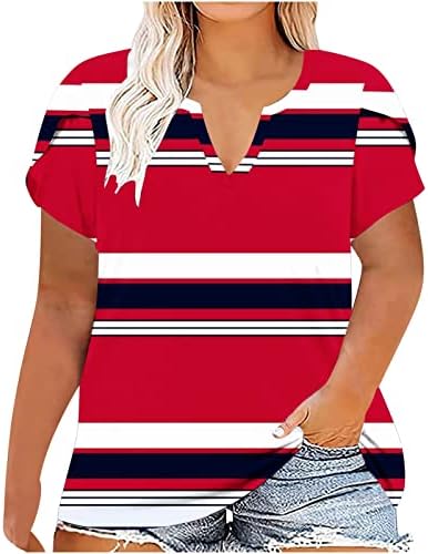 Плус големина на врвови за жени 2023 шарена печатена маица лето V вратот маица Блок блок со кратки ракави блузи Туники