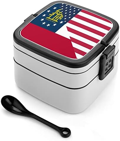 Американско и Georgiaорџија државно знаме Бенто кутија двоен слој се-во-еден стабилен контејнер за ручек со лажица за пикник