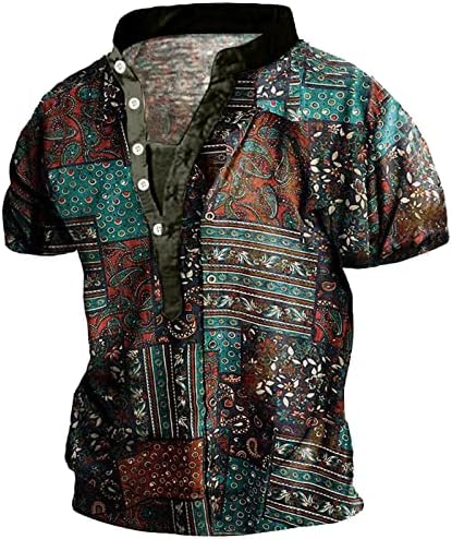 XXBR Гроздобер етнички кошули Хенли за мажи, лето ретро потресена крпеница лабава случајна врвови копче V вратот кошула