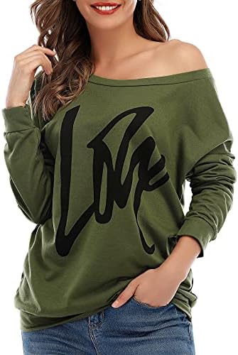 Американски трендови женски џемпери од кошули со пулвер на рамото Loveубов печати со долги ракави Слабени обични врвови секси џемпери