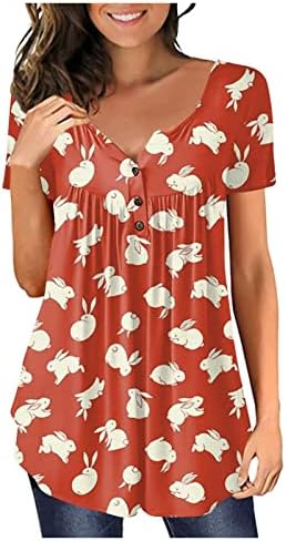 Велигденска кошула за жени Симпатична зајаче маичка со кратки ракави Туника на врвот на клучните блузи со вратот на вратот христијанска маица