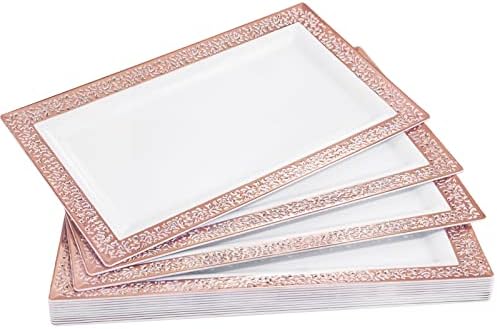 BBG 12PCS пластични ленти за бело сервирање, 13,77 * 8,46 ”бело со дизајн на розово злато чипка, фиоки за храна за еднократна употреба, правоаголни